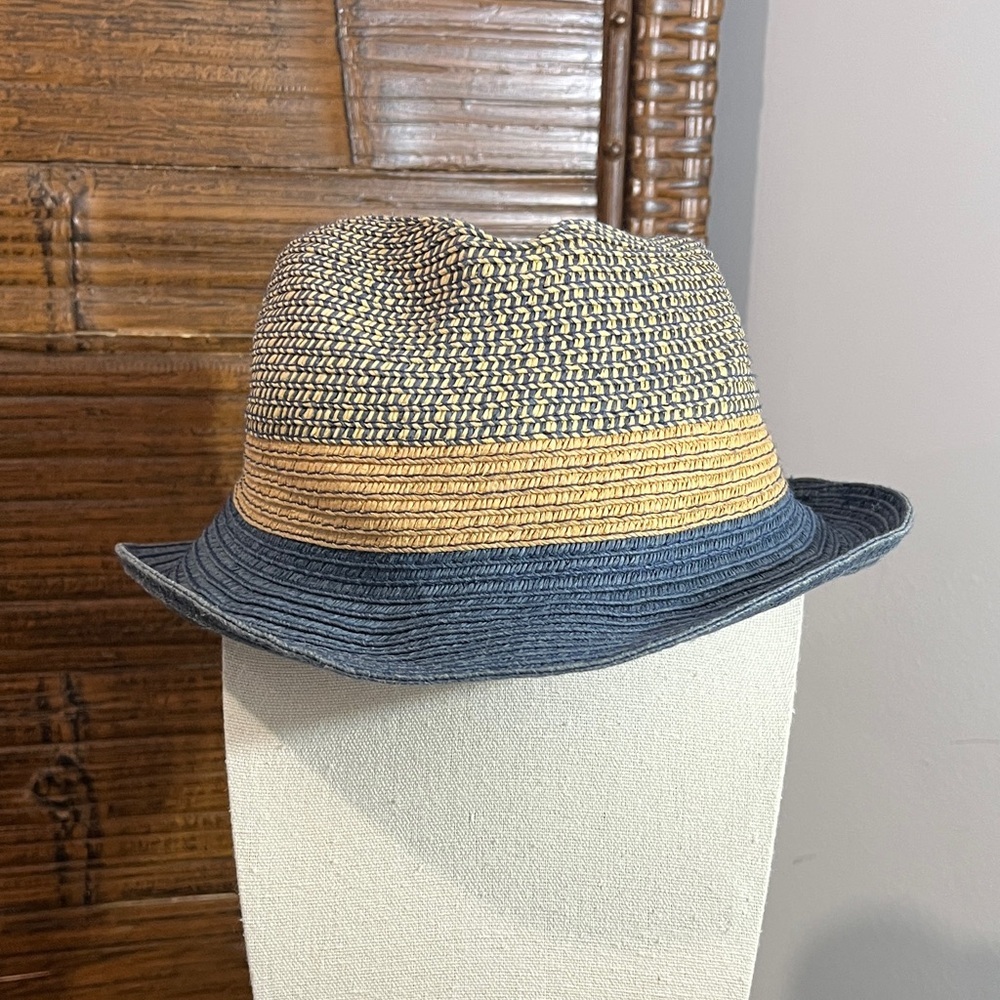 Janie and Jack Boy Girl Toddler Woven Straw Fedora Sun Hat, Tan & Blue, 12-24M